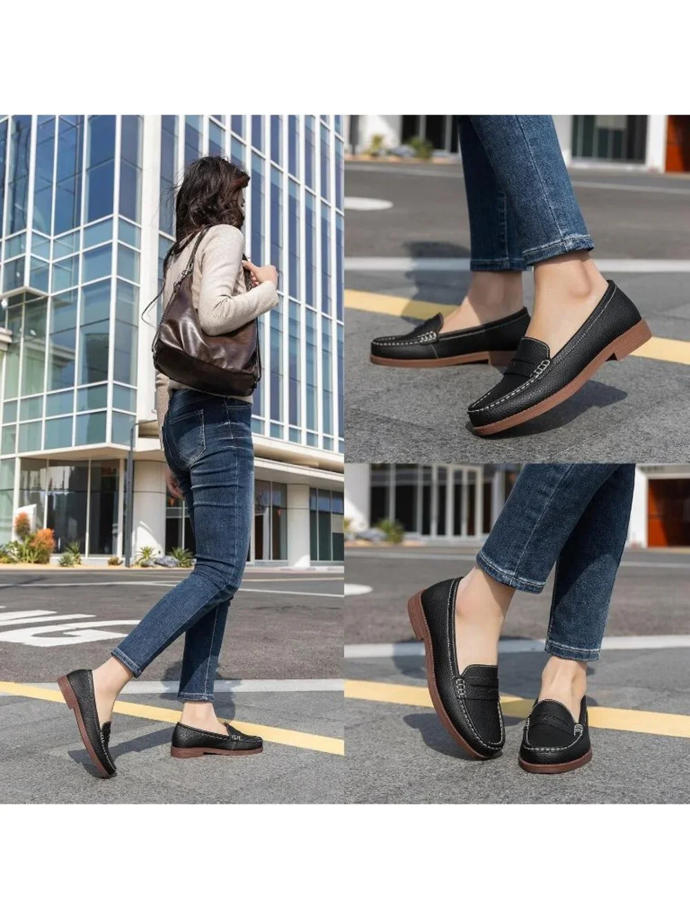 Women's Black Leather Comfortable Penny Loafers Slip On Casual Walking Shoes
